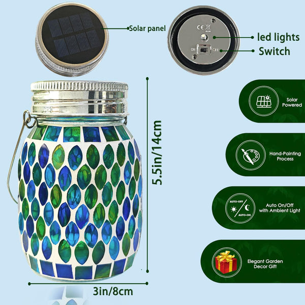 Solar Mosaic Glass Solar Hanging Lantern, Waterproof Outdoor Garden Light | Handcrafted blue mosaic solar hanging lantern projects beautiful