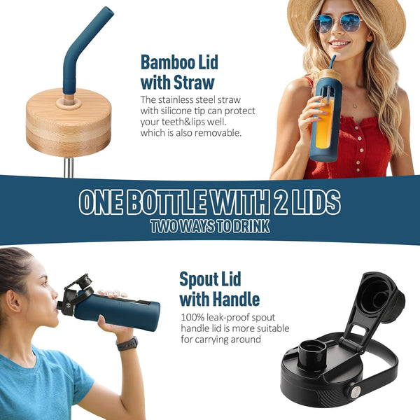 Kodrine Water Bottle with Straw, 24 Oz Glass Water Bottle with 2 Lids Bamboo Straw Lid and Spout Lid with Handle, 32 Oz Clear Water Bottle Glass
