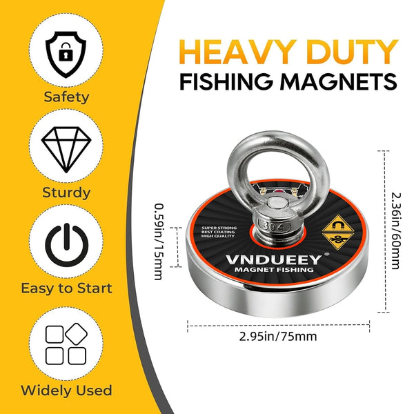 VNDUEEY 700LBS Magnet Fishing Kit, 2.95" Single Sided Fishing Magnet Kit with Rope, Strong Magnets for Retrieving in River Lake Beach Lawn,