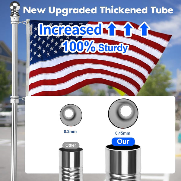 Anovo Flag Pole Kit- Stainless Steel 6 FT Flag Poles with1 Inch Metal 360° Rotating Flag Pole Rings Clip, Two-Position Flag Pole Holder Brackets