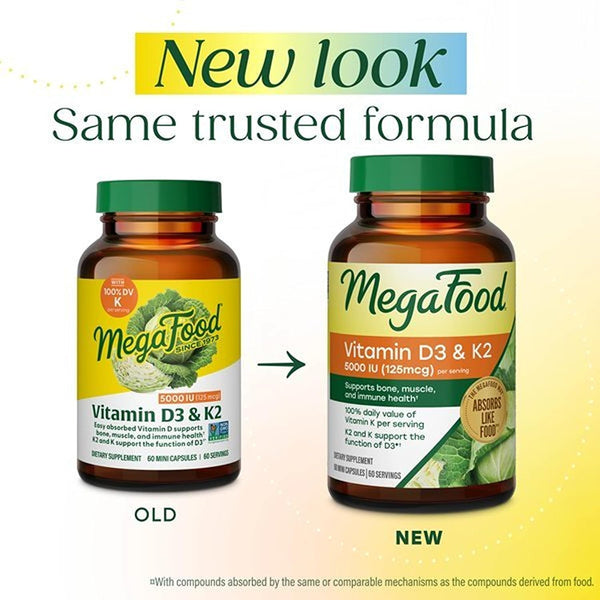 MegaFood Vitamin D3 & K2 5000 IU (125 mcg), 60 Mini Capsules 60 Count (Pack of 1)