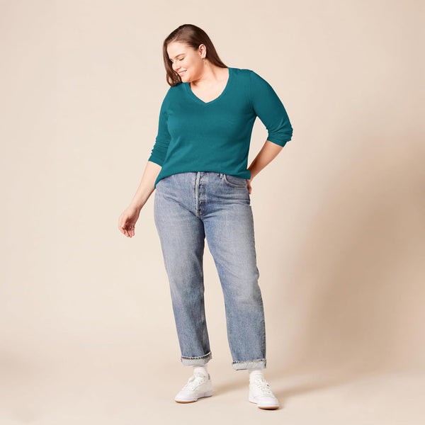 Amazon Essentials Women's Lightweight Long-Sleeve V-Neck Sweater Regular Teal Heather Small