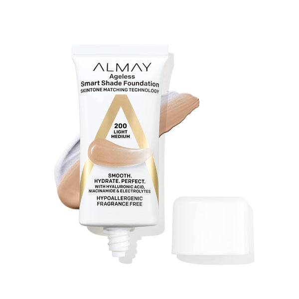 Almay Anti-Aging Foundation, Smart Shade Face Makeup with Hyaluronic Acid, Niacinamide, Vitamin C & E, Hypoallergenic-Fragrance Free, 200 Light