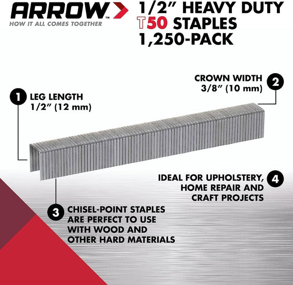Arrow 508 Heavy Duty T50 1/2-Inch Leg Length, 3/8-Inch Crown, Staples for Upholstery, Construction, Furniture, Crafts, 1250 Count(Pack of 1) |