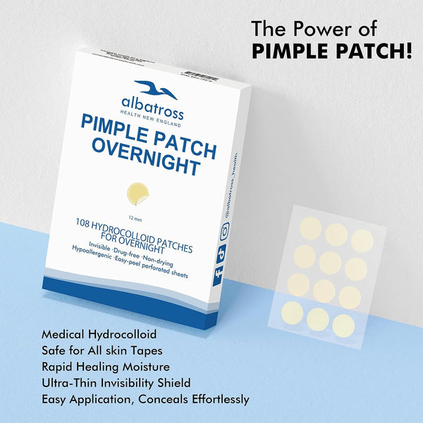 Overnight Acne Pimple Patches for Face (108 Counts), Spot Dots Cover by Albatross Health New England, Hydrocolloid Treatment Stickers, Zit Blemish