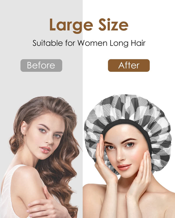 Auban Shower Cap, Shower Cap for Women Terry Cloth Lined EVA Exterior Reusable Double Layer Waterproof, Large Bath Hair Cap, Hotel Travel