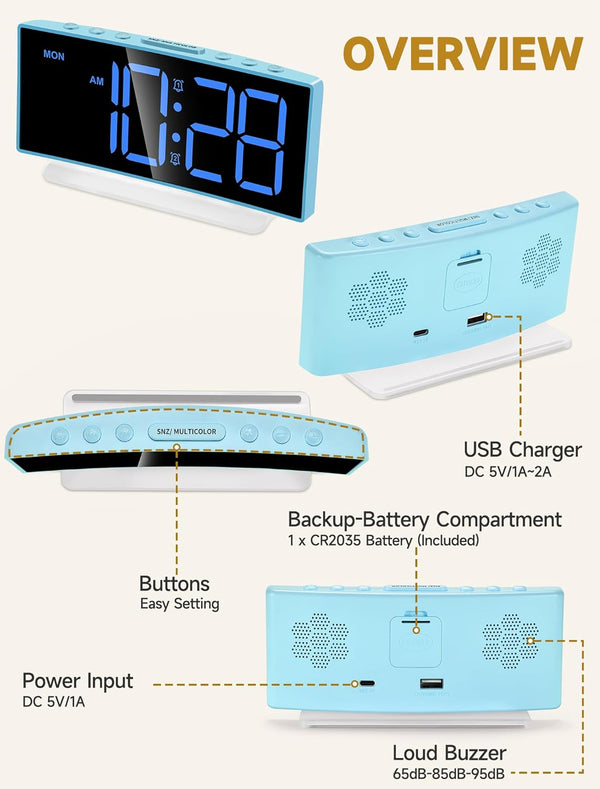 Cadmos Loud Alarm Clock for Heavy Sleepers Adults,Kids,Teens,Digital Desk Clock with USB Port,Large Numbers,7 Color Night Light,Modern Electronic