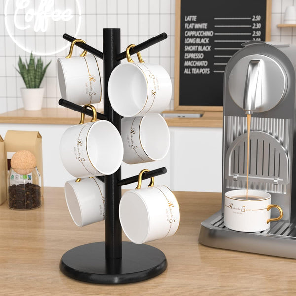 Bamboo Coffee Mug Tree Holder with 6 Hooks, Cup Stand for Countertop, Black