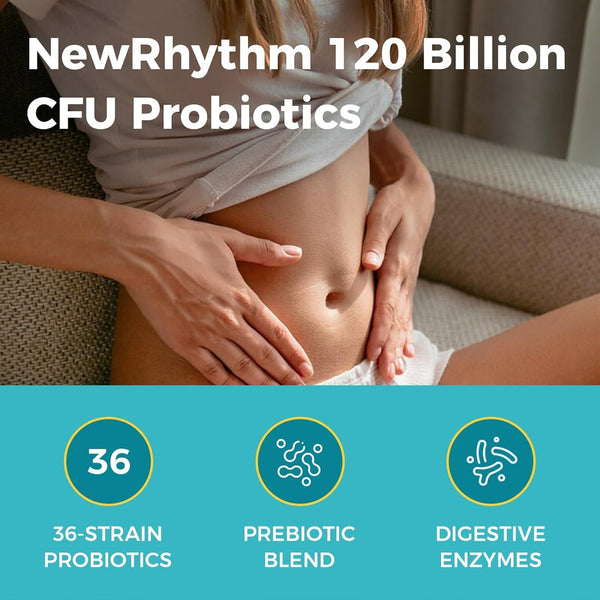 Newrhythm Probiotics 120 Billion CFU 36 Strains, 3-In-1 Probiotics for Digestive Health & Immune Support with Prebiotics & Enzymes, Probioticos
