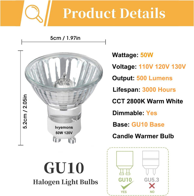 GU10+C 120V 50W Bulb - High Output 500LM GU10 Dimmable Bulb, MR16 GU 10 Base Bulbs Warm White GU 10 Halogen 50W Bulbs, L