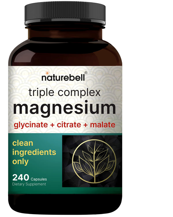 Triple Complex Magnesium Supplement, 240 Capsules | Magnesium Glycinate 500Mg with Citrate & Malate | Chelated & Purified | Bone, Heart, & Muscle