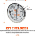 PK Grills Tel-Tru BBQ Grill Thermometer Outdoor Grilling Temperature Gauge Kit, Includes Charcoal/Smoker Thermometer Probe, Wing Nut, and Silver