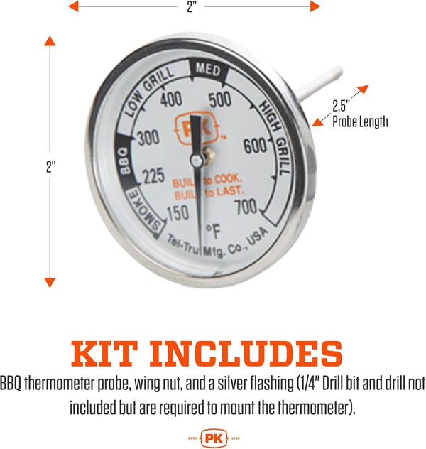PK Grills Tel-Tru BBQ Grill Thermometer Outdoor Grilling Temperature Gauge Kit, Includes Charcoal/Smoker Thermometer Probe, Wing Nut, and Silver