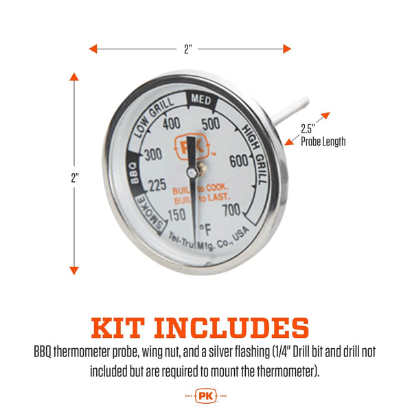 PK Grills Tel-Tru BBQ Grill Thermometer Outdoor Grilling Temperature Gauge Kit, Includes Charcoal/Smoker Thermometer Probe, Wing Nut, and Silver