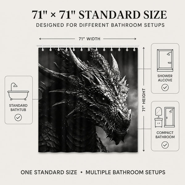 Dragon Shower Curtain for Bathroom, Black and White Boho Shower Curtain Set, Animal Fabric Modern Waterproof Bathroom Decor with 12 Hooks 72x72in