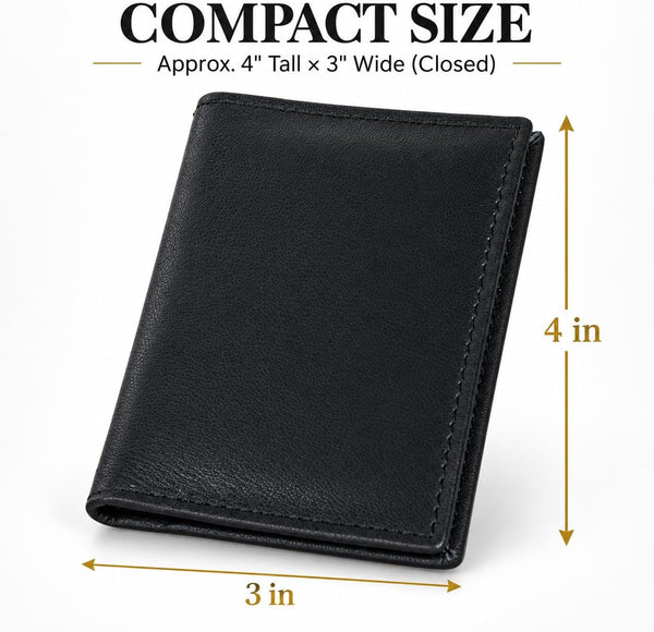 Leatherboss Genuine Leather Small Slim Bifold Wallet | Credit, Debit, ID Card Holder | Compact & Stylish with Clear ID Windows | Gift for Men, Black