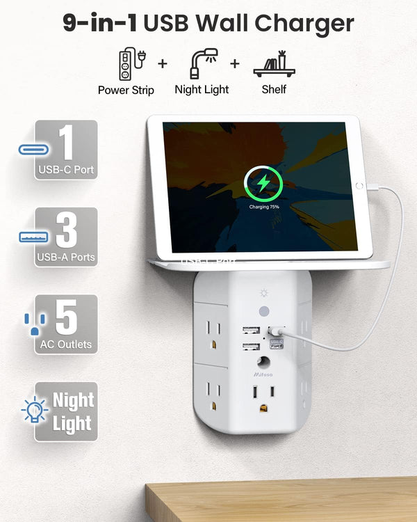 Wall Outlet Extender with Shelf and Night Light,Surge Protector,Usb Wall Charger with 5 AC Outlets and 3 USB Ports 1 USB C Outlet Wide Space
