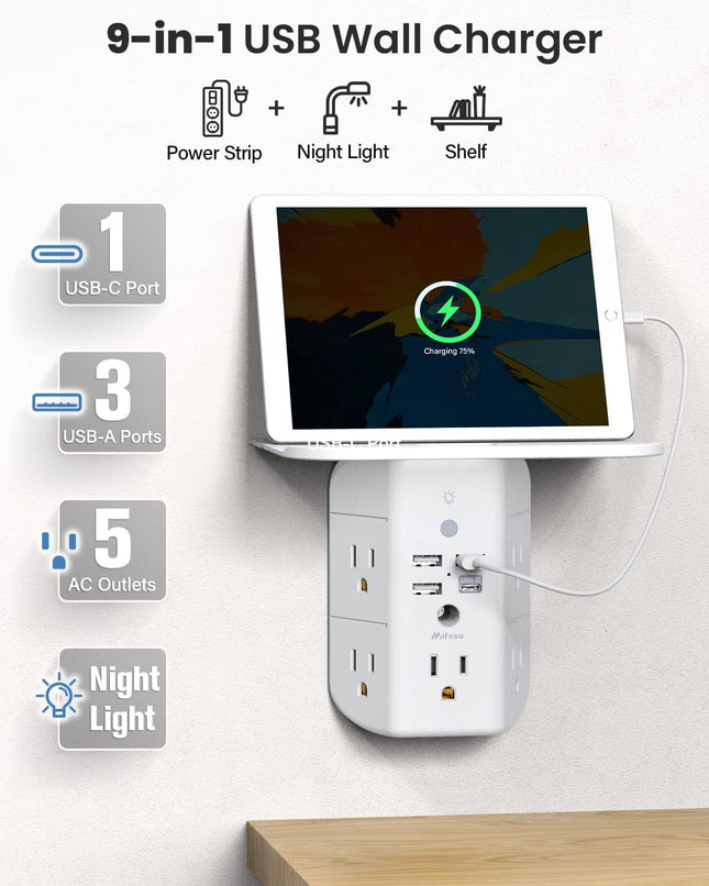 Wall Outlet Extender with Shelf and Night Light,Surge Protector,Usb Wall Charger with 5 AC Outlets and 3 USB Ports 1 USB