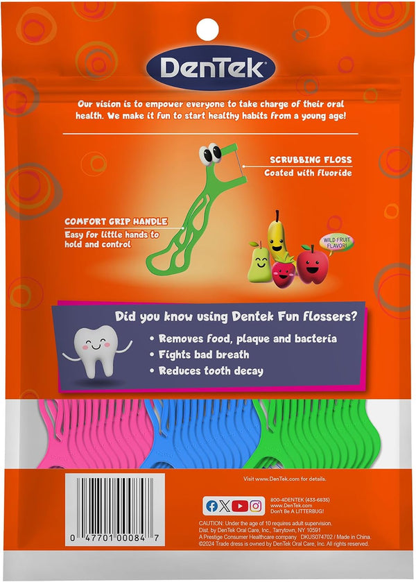 DenTek Fun Flossers – Kids Floss Picks with Wild Fruit Flavor, 90 Count Wild Fruit 90 Count (Pack of 1)