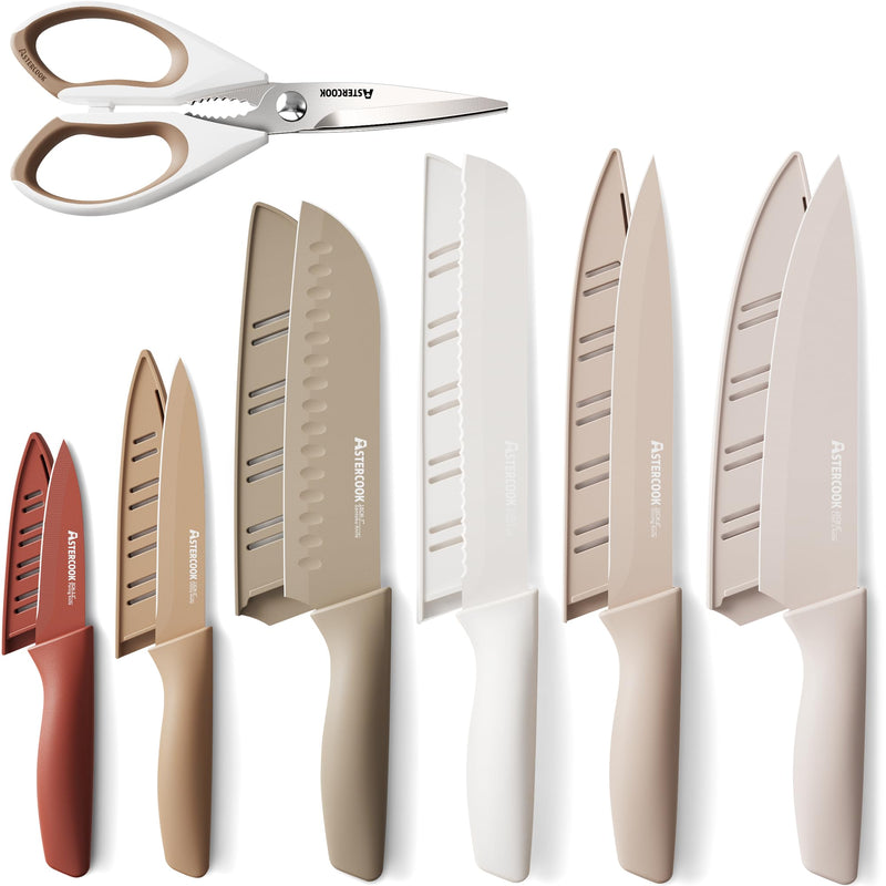 Astercook Knife Set, 13 Pieces Kitchen Knives Set with Healthy Anti-Rust Coating, Dishwasher Safe, Stainless Steel Chef Knife Sets with 6 Blade