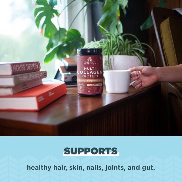 Ancient Nutrition Collagen Powder Protein, Multi Collagen Protein Beauty + Sleep with Vitamin C, Vanilla Chai, Hydrolyzed Collagen Peptides