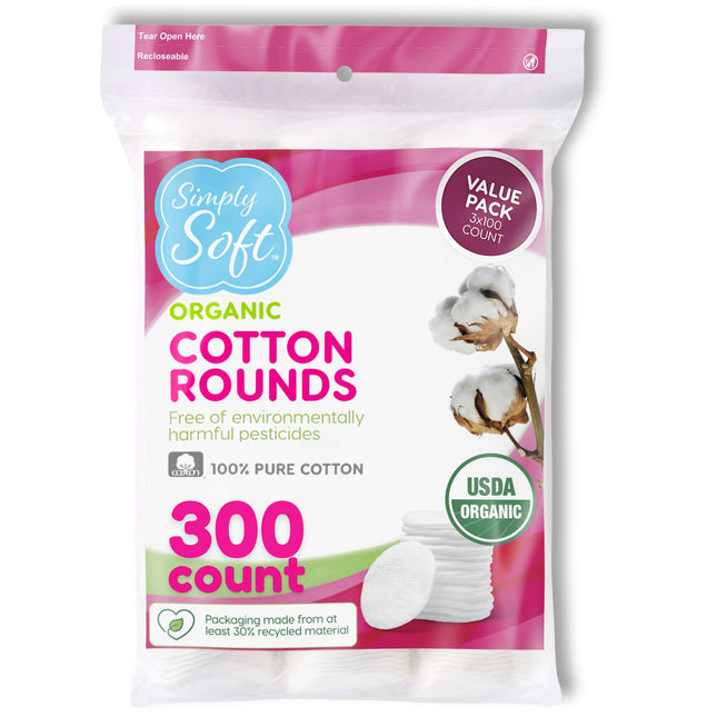 Simply Soft Premium Organic Cotton Rounds, 100 Count (Pack of 3), 100% Cotton Pa