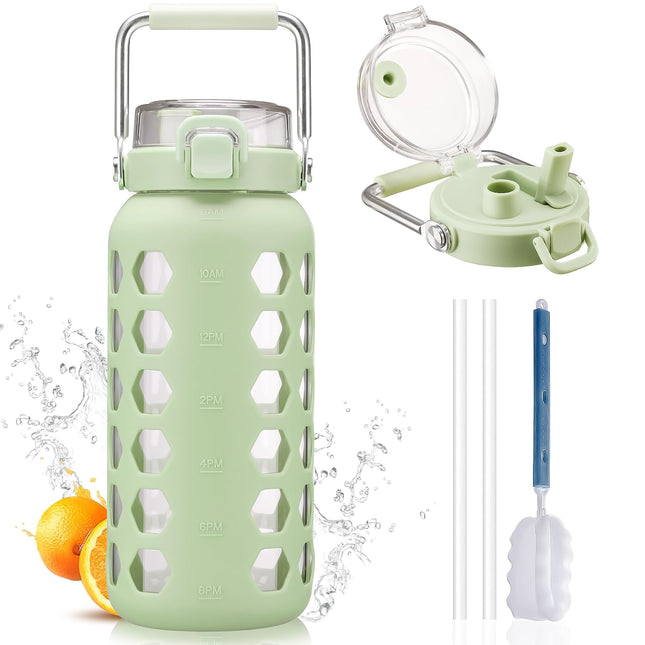 MUKOKO 64Oz Glass Water Bottles with Straw and Lid,Half Gallon Water Bottle with