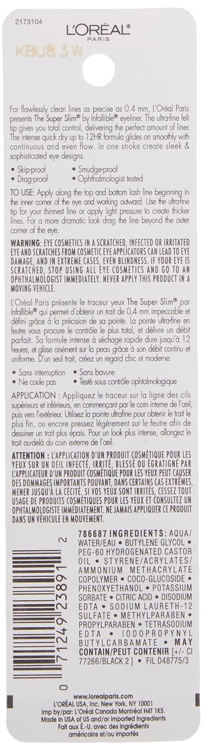 L'Oreal Paris Makeup Infallible Super Slim Long-Lasting Liquid Eyeliner, Ultra-Fine Felt Tip, Quick Drying Formula, Glides on Smoothly, Black,
