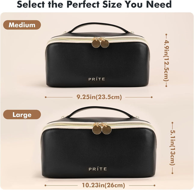 Prite Makeup Bag for Women Travel Waterproof Vegan Leather Cosmetic Bag Open Fla