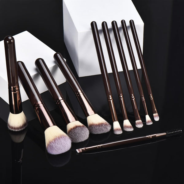10 Piece Black brown Makeup Brushes - Wooden Handle with Soft Synthetic Bristles,for Face & Eye Makeup|Professional Makeup Brushes set for Women &