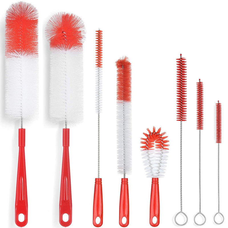 ALINK 8-Pack Red Bottle Brush Cleaner Set - Long Cleaning Brush for Narrow Neck Wine/Beer Bottles, Thermos, Hummingbird Feeder, Spout, Lids and Straws
