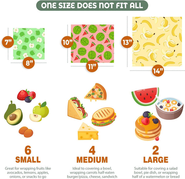 Akeeko Reusable Beeswax Food Wraps - Assorted 12 Pack, Reusable, Plastic-Free Food Storage, Sustainable Gifts, 3 Sizes (6S,4M,2L) Assorted Fruits II