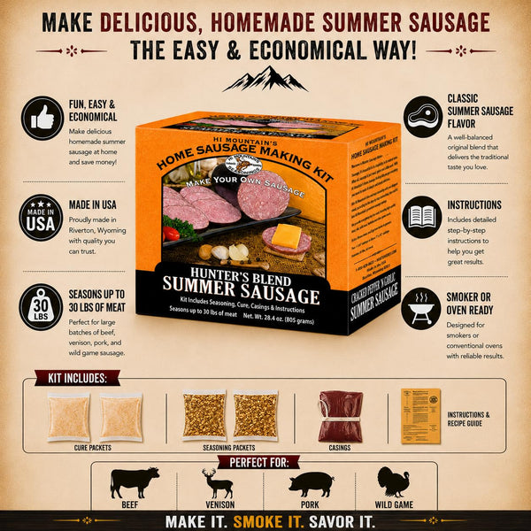 Hi Mountain HUNTER'S BLEND Summer Sausage Seasoning Kit | Complete sausage-making kit with seasoning, cure & 10 casings. Makes 30 lbs for beef,