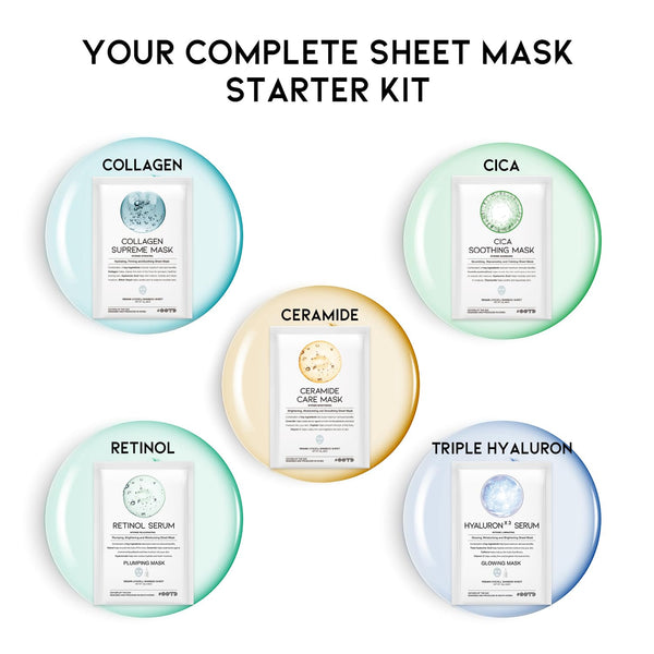 #OOTD Sheet Mask Kit with Collagen,Cica,Ceramide,Vitamin C,Retinol(5-Pack) | Korean vegan sheet mask 5-pack starter kit; Collagen, Cica & Ceramide