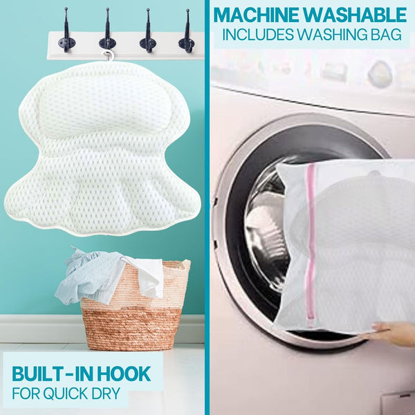 4D Bath Pillow with 6 Strong Non-Slip Suction Cups, Wooven Handle Bag, Loofah, Shower Cap, Foot Filer, and Laundry Bag - Luxury Bathtub Pillow -