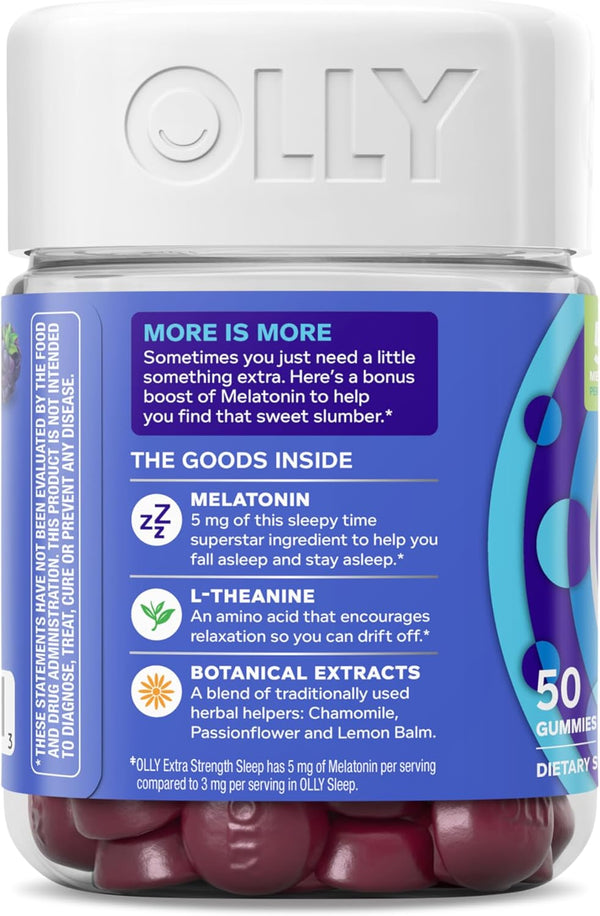 OLLY Extra Strength Sleep Gummy, 5 Mg Melatonin, L-Theanine, Chamomile, Lemon Balm, Sleep Aid, Blackberry - 50 Count