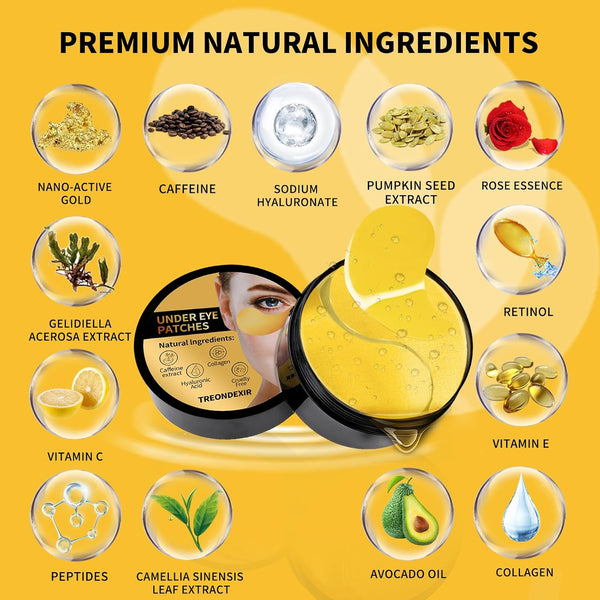 24K Gold Eye Masks for Dark Circles and Puffiness 70PCS, Under Eye Patches for Puffy Eyes Treatment, Under Eye Gel Pads w/ Collagen, Caffeine,