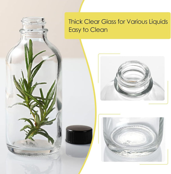 10 Pack, 4 oz Small Clear Glass Bottles w/Lids & 3 Stainless Steel Funnel - 120ml Boston Round Sample Bottle for Potion, Juice, Ginger Shot,