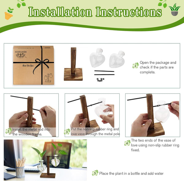 XXXFLOWER Plant Propagation Station Terrarium Wooden Stand 2 Love Bulb Vase Transparent