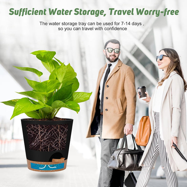 YNNICO Indoor Self Watering Planters with Drainage Holes and Saucers, 8, 7, 6.5, 6, 5.5, 5 Inches, Black, 6 Pots 8+7+6.5+6+5.5+5 inch Black