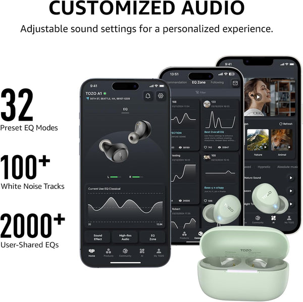 TOZO A1 Wireless Earbuds Bluetooth 5.3 Light Weight in Ear Headphones Green