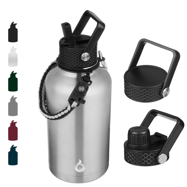 BJPKPK Half Gallon Insulated Water Bottles with Straw Lid, 64Oz Large Water Jug, Stainless Steel Bottles with 3 Lids and Paracord Handle, Thermos