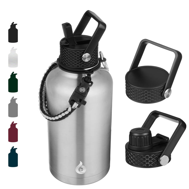 BJPKPK Half Gallon Insulated Water Bottles with Straw Lid, 64Oz Large Water Jug, Stainless Steel Bottles with 3 Lids and