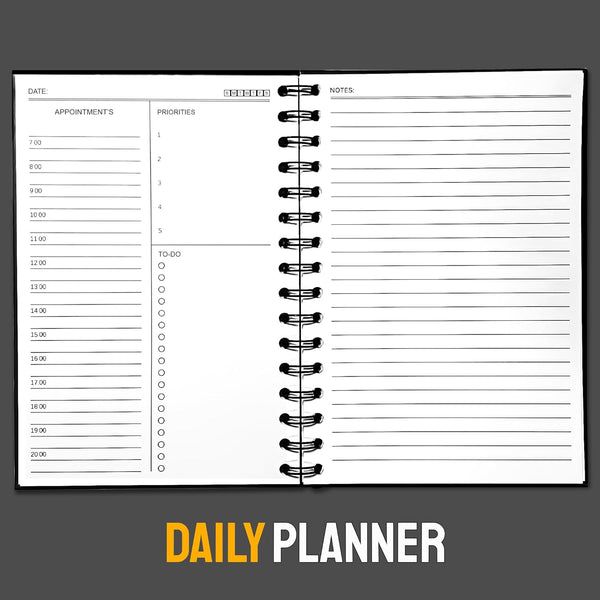Undated Hardcover Daily Planner Notebook with Schedule Hourly Appointment Book A5(5.7" X 8.3") Spiral - Black