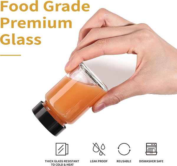 Glxgow 16 Pack 2 oz Glass Shot Bottles with Black Lids & Labels, Wide Mouth 60 ml Small Glass Bottles for Ginger, Leakproof Travel Mini Clear Jars