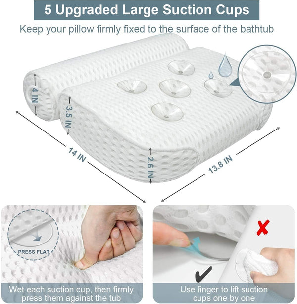 Bath Pillow Bathtub Pillow - Bath Pillows for Tub with Neck, Head, Shoulder and Back Support - 4D Air Mesh Spa Pillow for Bath - Extra Thick, Soft