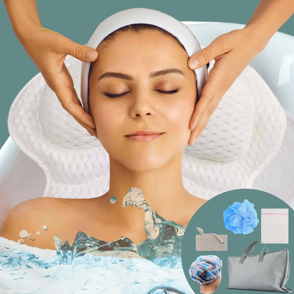4D Bath Pillow with 6 Strong Non-Slip Suction Cups, Wooven Handle Bag, Loofah, Shower Cap, Foot Filer, and Laundry Bag - Luxury Bathtub Pillow -