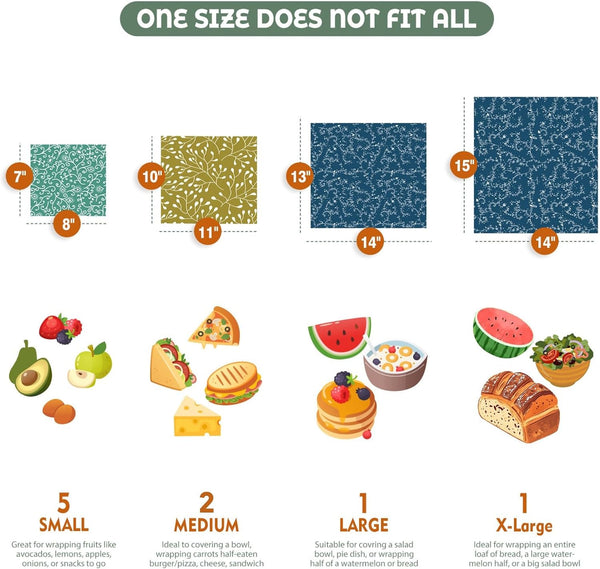 Akeeko Reusable Beeswax Food Wraps - Assorted 9 Packs, Reusable, Plastic-Free Food Storage, 5 Small, 2 Medium, 1 Large, 1 Extra Large Wraps with