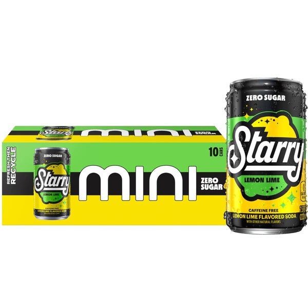 Starry Zero Sugar Lemon Lime Soda, Caffeine Free, Mini Cans, 7.5 Ounce (Pack of 10) Lemon Lime Zero Sugar 7.5 Fl Oz (Pack of 10)