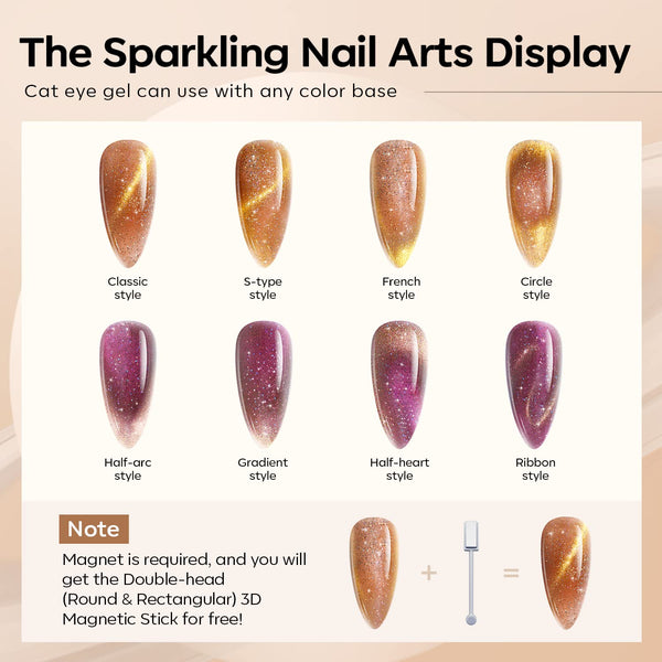 Modelones Gel Nail Polish Set, 6 Colors Nude Brown Gel Polish Glitter Burgundy Shiny Champagne Gold Magnetic Cat Eye Effect Sparkle Stunning Home